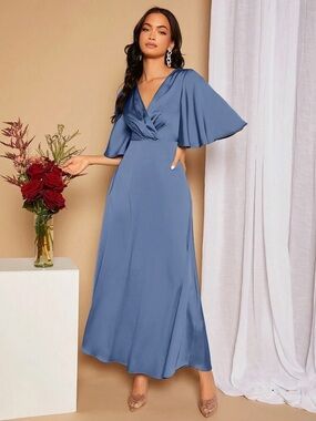 SHEIN Dusty Blue V-Neck Flutter Sleeve Maxi Dress